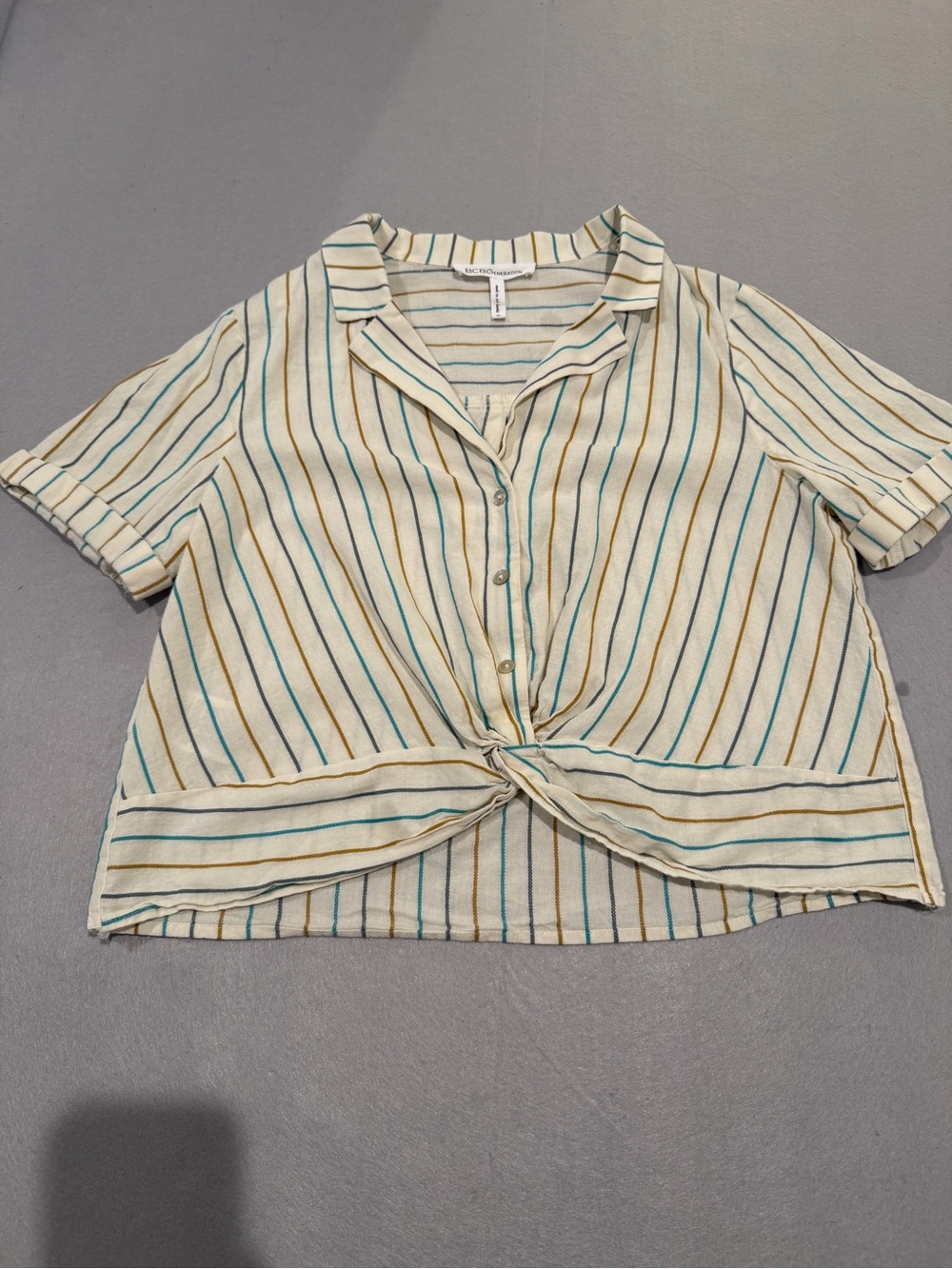 BCBG Striped Tie-Front Short Sleeve Top - Cream with Teal & Mustard Stripes
